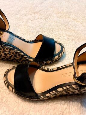 Coach Kit Black Espadrille Wedge Sandals with Ankle Strap, NWOT
